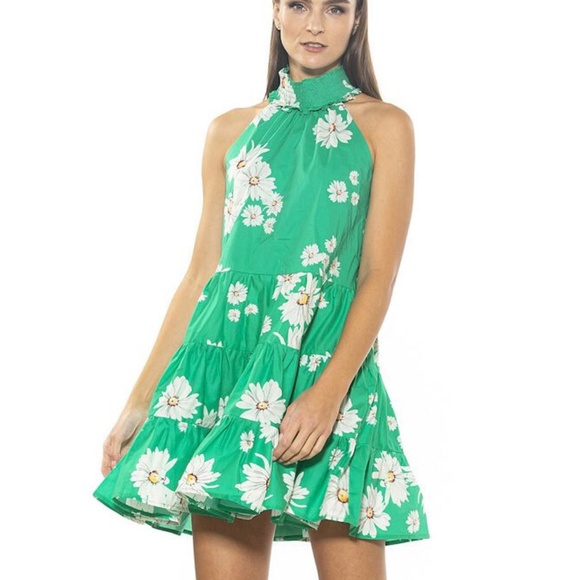 $245 NWT Alexia Admor Molly Tiered Trapeze Halter Dress Green Daisy Size 6 - Picture 1 of 4